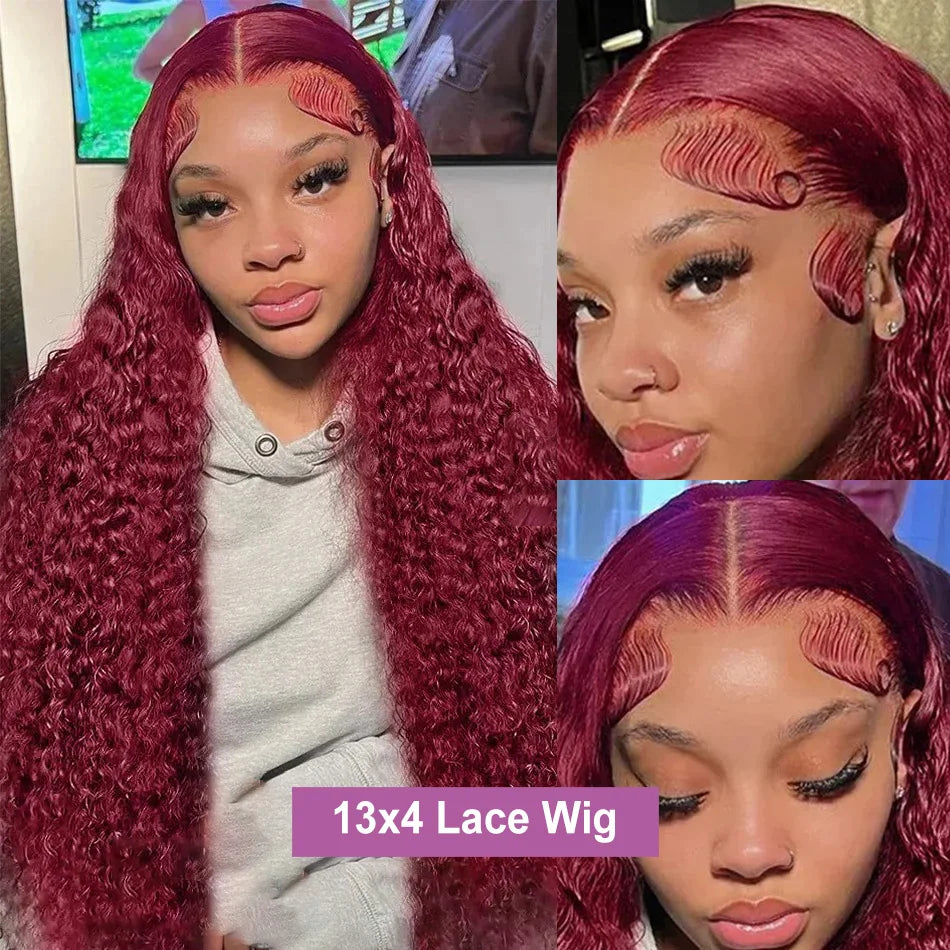 40 Inch 99J Burgundy Deep Wave 13x6 HD Lace Front Wig 250% Red Colored Curly 13x4 Lace Frontal Human Hair Wigs For Women