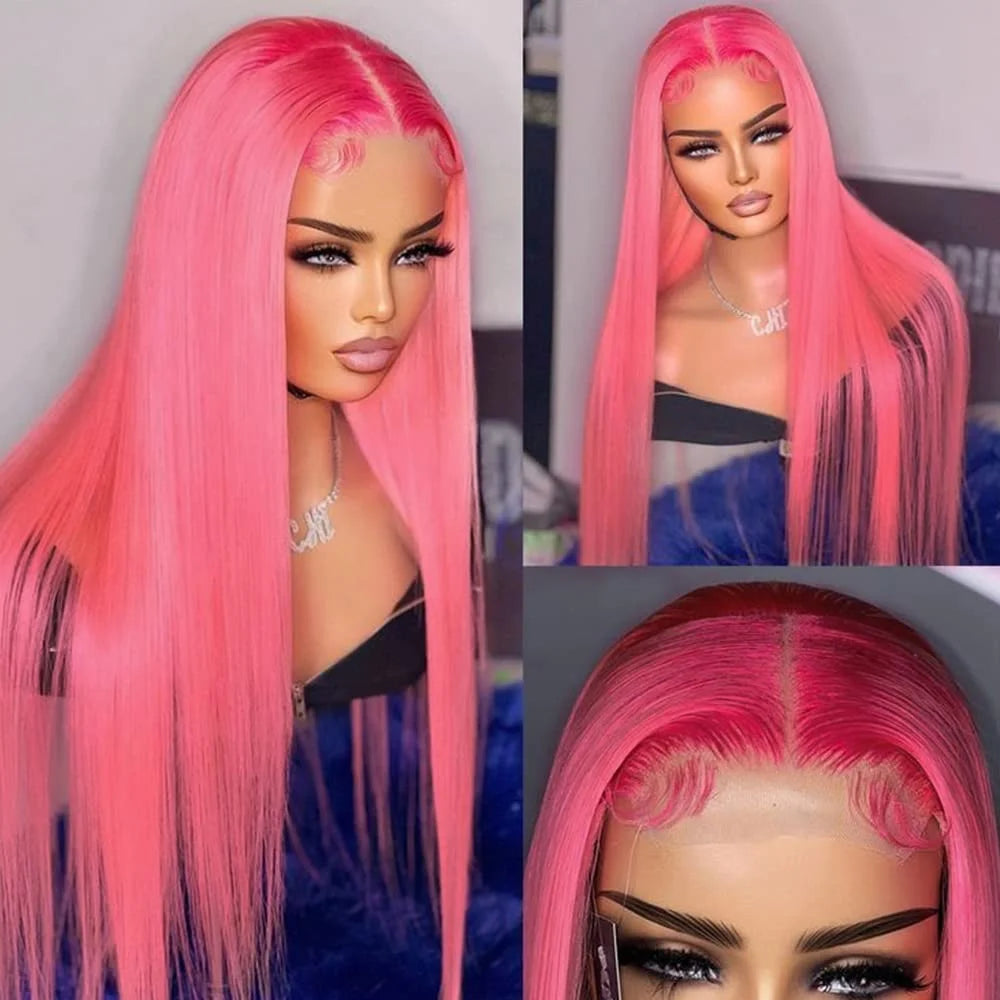 Pink Straight Wig 13x4 Transparent HD Lace Front Human Hair Wigs For Women 100% Brazilian Bleach #613 Colored Lace Frontal Wigs
