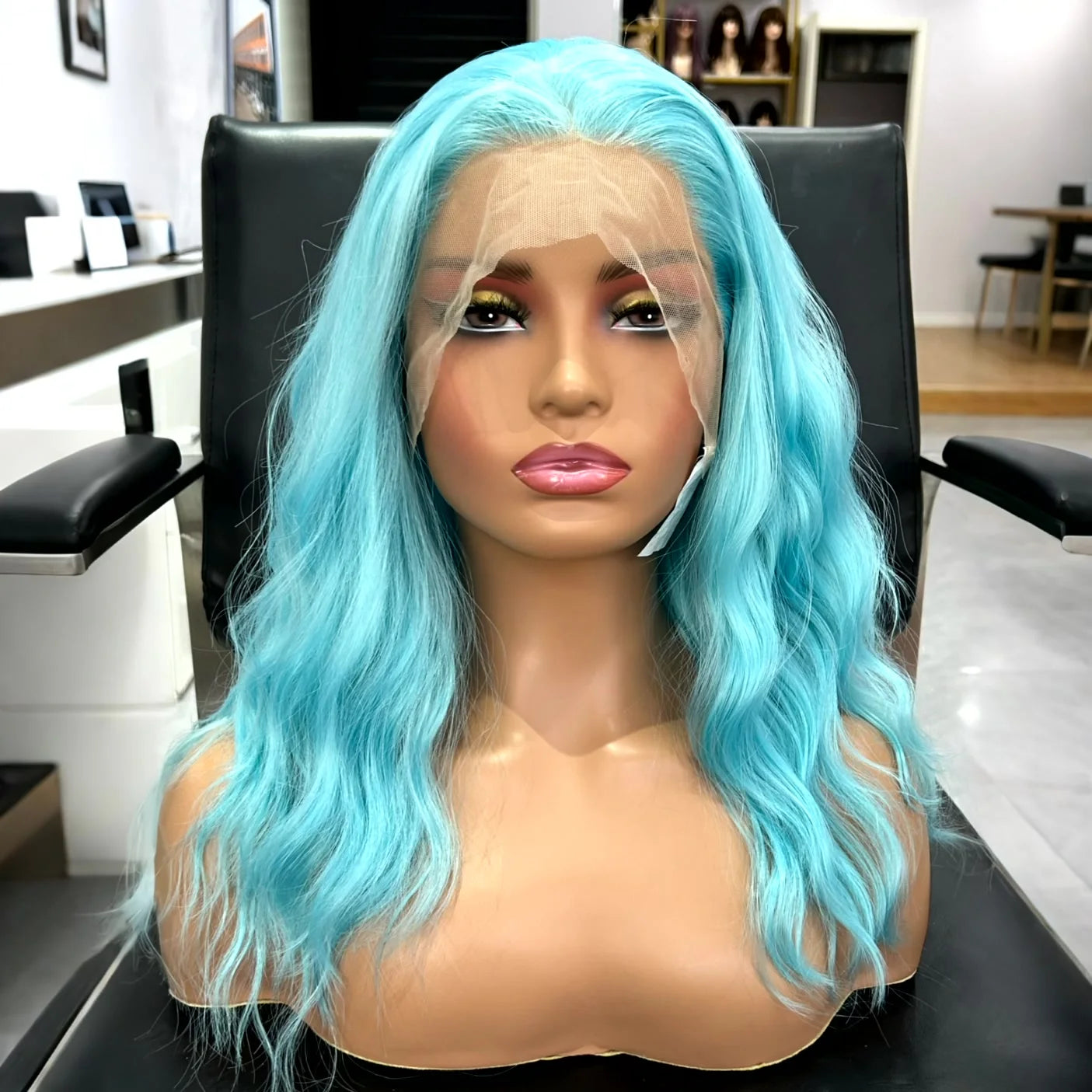 Short Curly Wavy Bob Wig – Sky Blue Synthetic Lace Front Wig, Shoulder-Length Loose Wave for Women