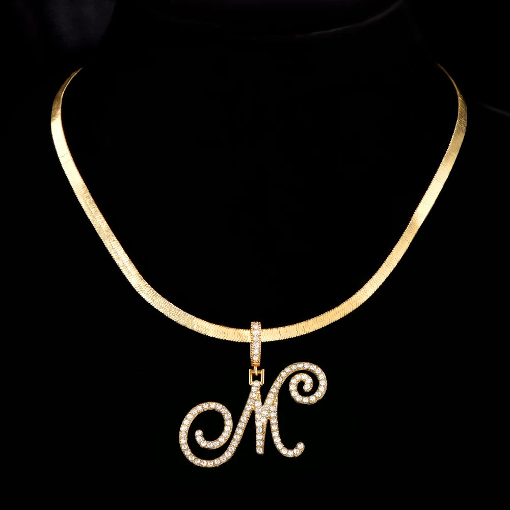 A-Z Initial Bling Cursive Letter Necklace Women Girl Gold Plated Snake Chain Alphabet Pendant Clavicle Necklaces Collar Jewelry