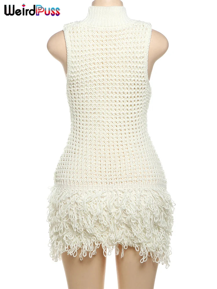Weird Puss Crochet Dress Women Sexy Chic Y2K Summer Trend Tassel Hem Sleeveless Stretch Fashion Beach Vacation Clubwear Bodycon