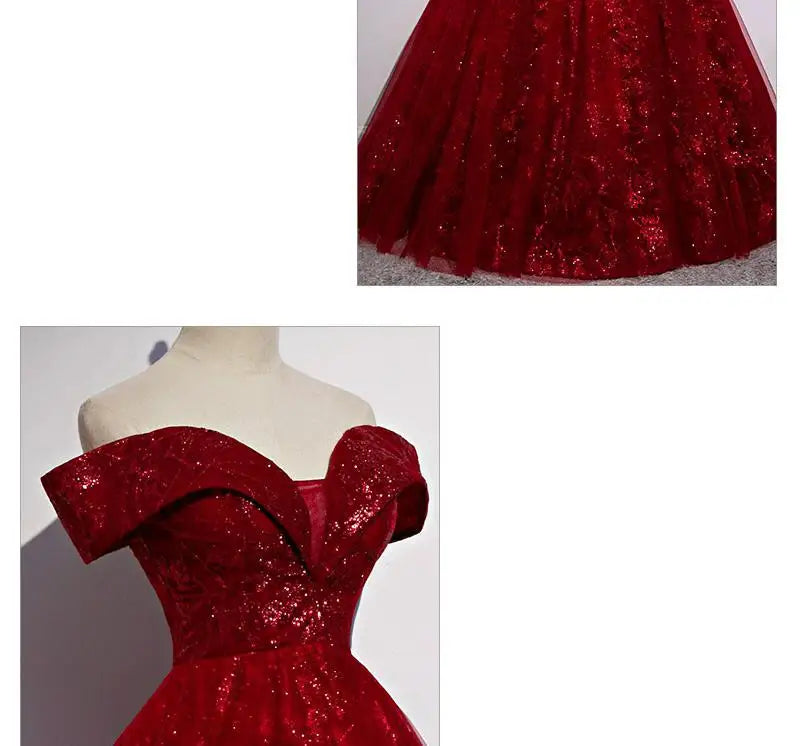 Red Evening Dress 2024 New Off The Shoulder Classic Elegant Ball Gown Sleeveless Sequined Tulle Banquet Shinning Host Customized