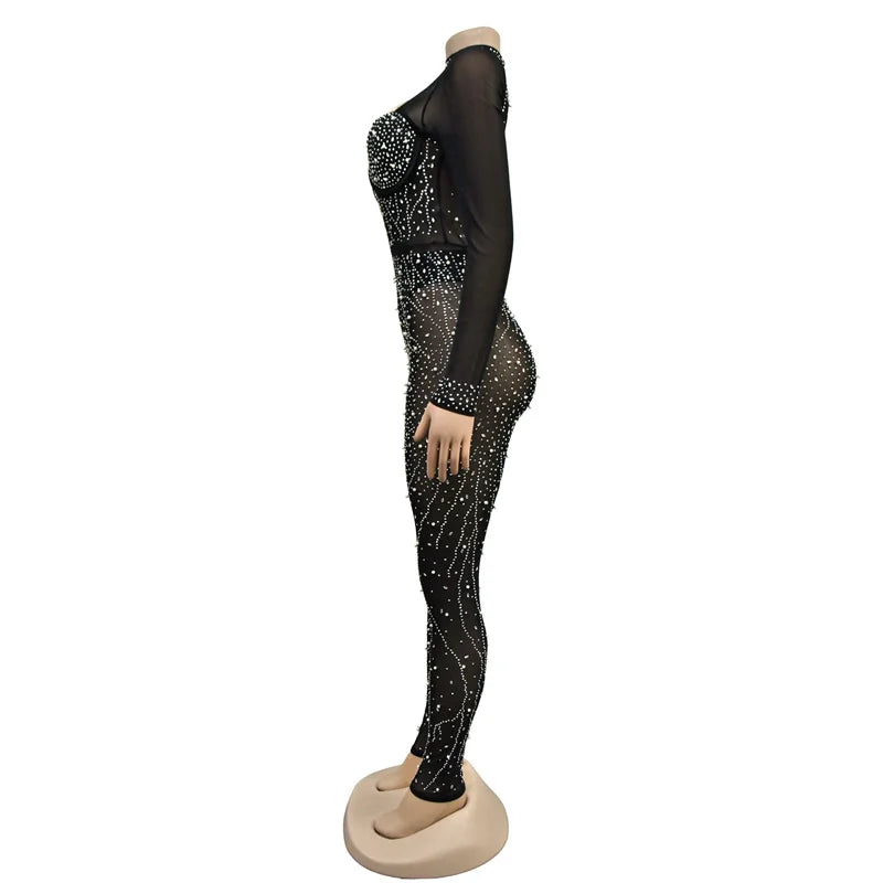 Luxury Autumn Women Skinny Diamonds Sparkly Sheer Mesh Jumpsuits Cut Out Rhinestone Black Sexy Party Evening Jumpsuit Rompers