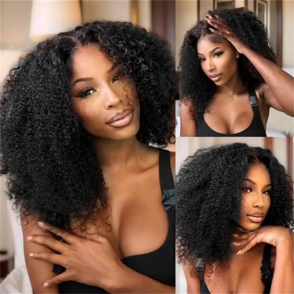 Afro Kinky Curly V Part Wig Human Hair 200% Afro Curly V Part Wig 10-24 Inch Full Machine Made  Remy Hair V Part Wig For Women
