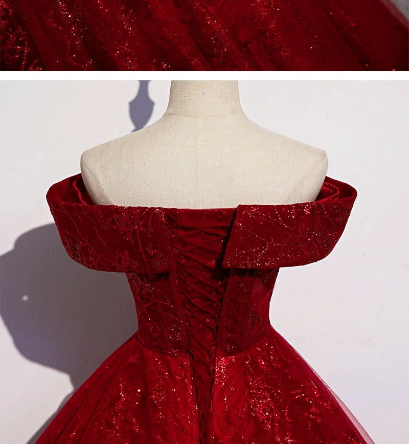 Red Evening Dress 2024 New Off The Shoulder Classic Elegant Ball Gown Sleeveless Sequined Tulle Banquet Shinning Host Customized