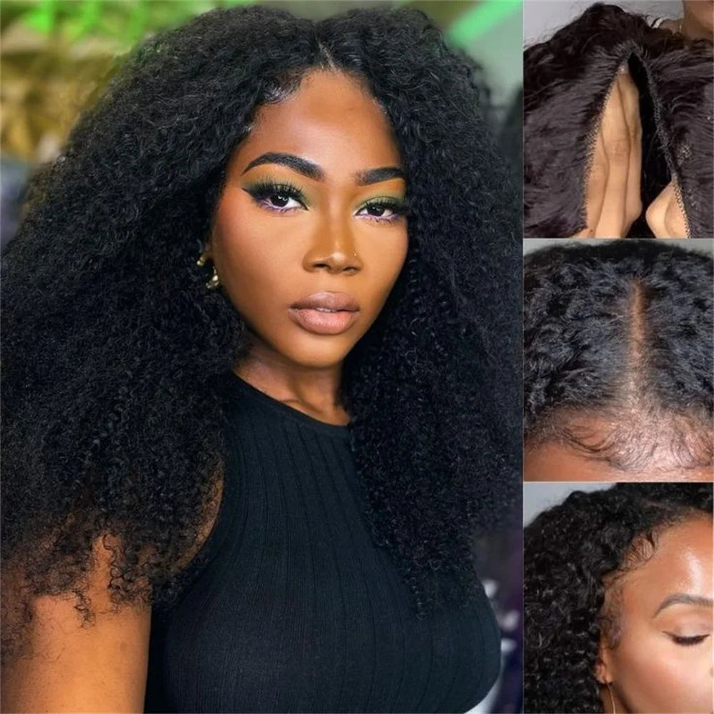 Afro Kinky Curly V Part Wig Human Hair 200% Afro Curly V Part Wig 10-24 Inch Full Machine Made  Remy Hair V Part Wig For Women
