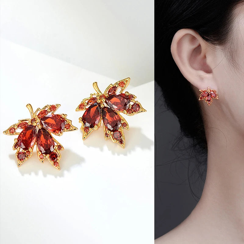 Red Gem Maple Leaf Stud Earrings for Women New Fashion Light Luxury Earrings Retro Simple Crystal Earrings Jewelry