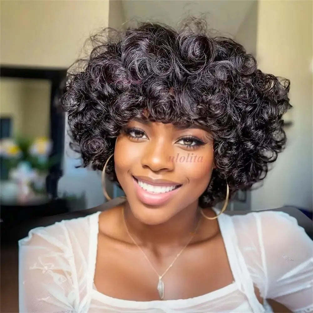 Bouncy Curly Human Hair Wig with Bangs – Pixie Cut Bob, Loose Wave 100% Remy Machine-Made Wig (200% Density)