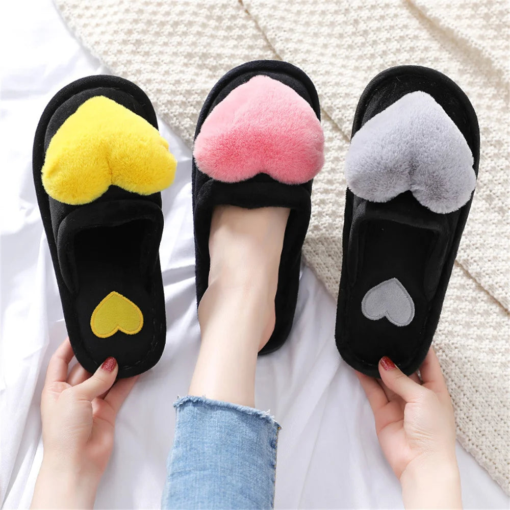 Women’s Plush Heart Slippers – Warm Indoor Non-Slip Winter House Shoes