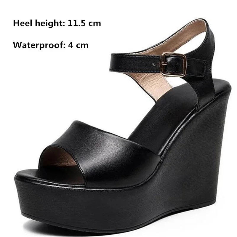 BEYARNENew Black White Fish Mouth Genuine Leather Sandals Wedges Platform High Heeled Sandals6 / 8 / 11Cm Big Size Women Sandals