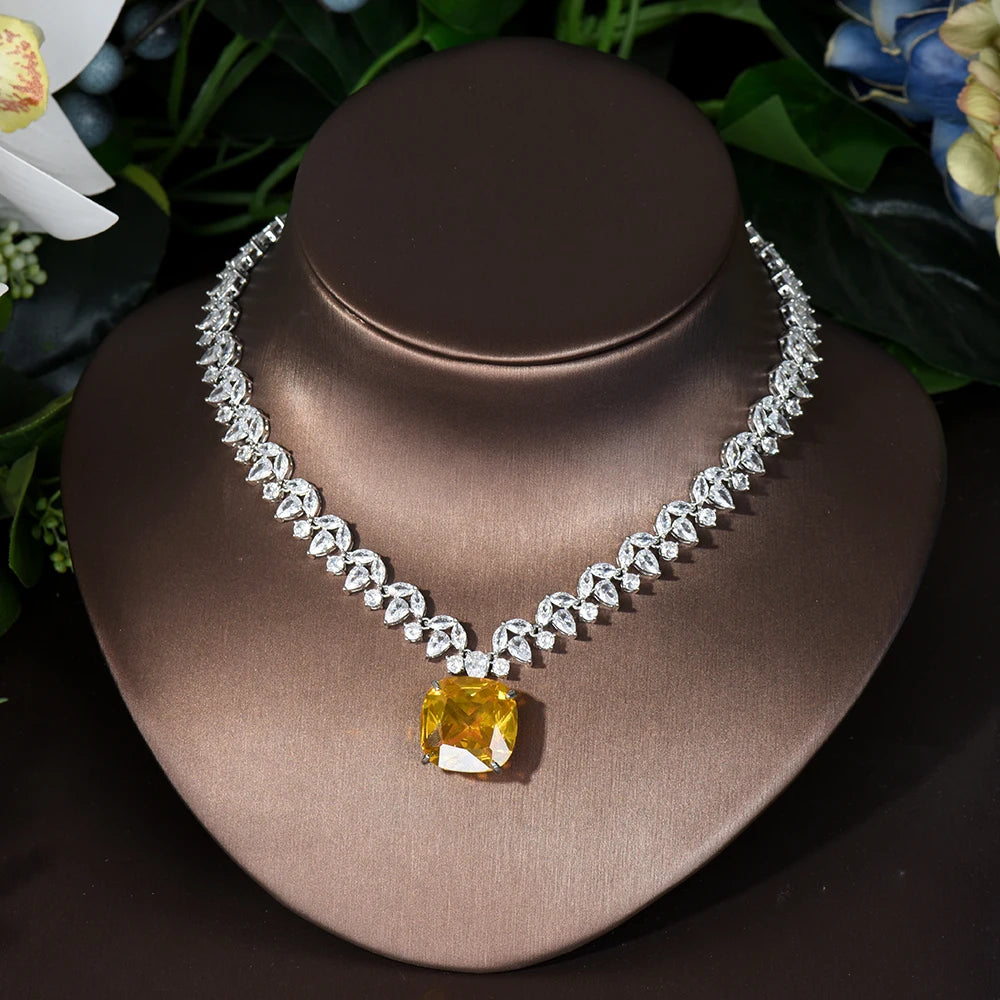 HIBRIDE 2PCS Square Design Women Necklace And Earring Sets Cubic Zirconia Yellow Color Jewelry Sets For Bridal Wedding