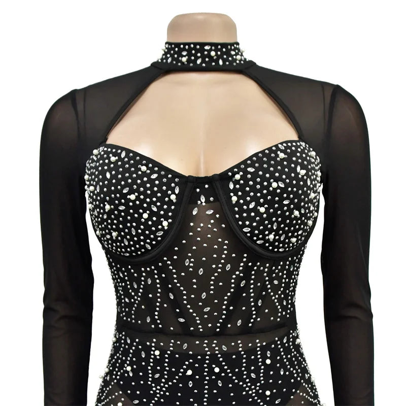 Luxury Autumn Women Skinny Diamonds Sparkly Sheer Mesh Jumpsuits Cut Out Rhinestone Black Sexy Party Evening Jumpsuit Rompers