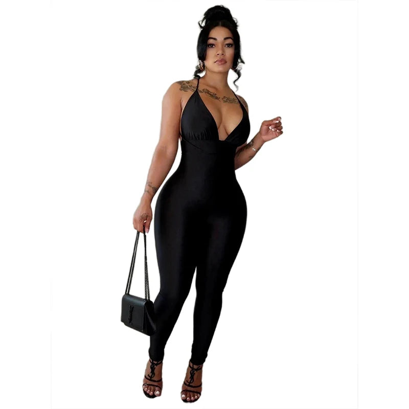 New Women's Hanging Neck Low Cut Open Back Sexy Jumpsuit Popular in Spring 2024 European And American Style Nightclub Jumpsuit