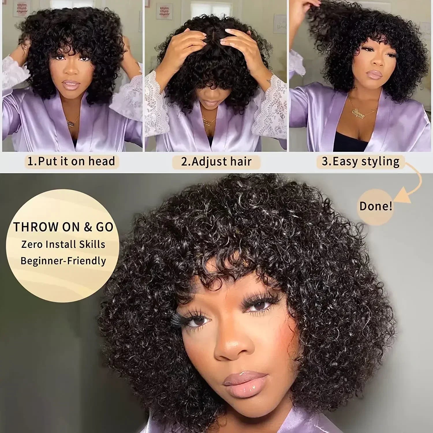 Curly Human Hair Wig with Bangs – 180% Density Water Wave Virgin Brazilian Wig, Glueless Full Machine Made for Black Women