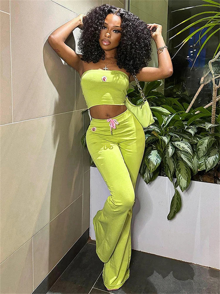 Simenual Y2K Green Floral Two-Piece Set – Strapless Tube Top & Flare Pants Co-ord Outfit