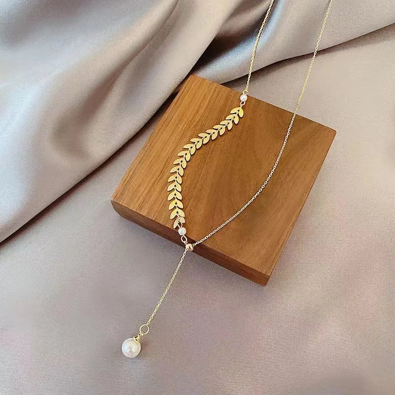 Simple Wheat Ear Pearl Bracelet Necklace Earrings Jewelry Set for Women Temperament Lucky Gold Color Bracelet Charm Jewelry
