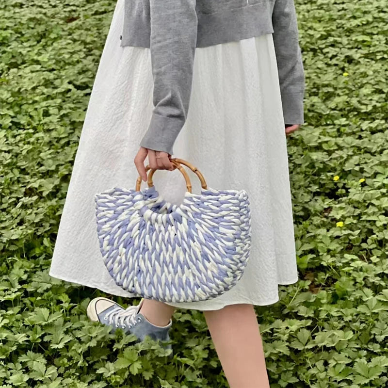 Handmade Shell Embroidery Woven Tote Bag – Luxury Straw Bucket Handbag with Wooden Handle