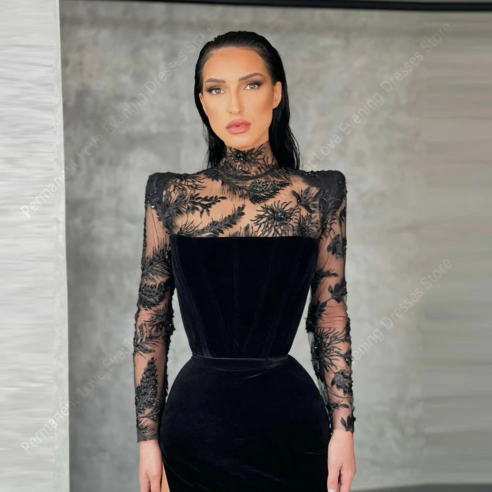 Elegant Black Formal Women Evening Dresses Classic Modern High Collar Prom Gowns Lace Long Sleeves Vestidos De Noches Customized