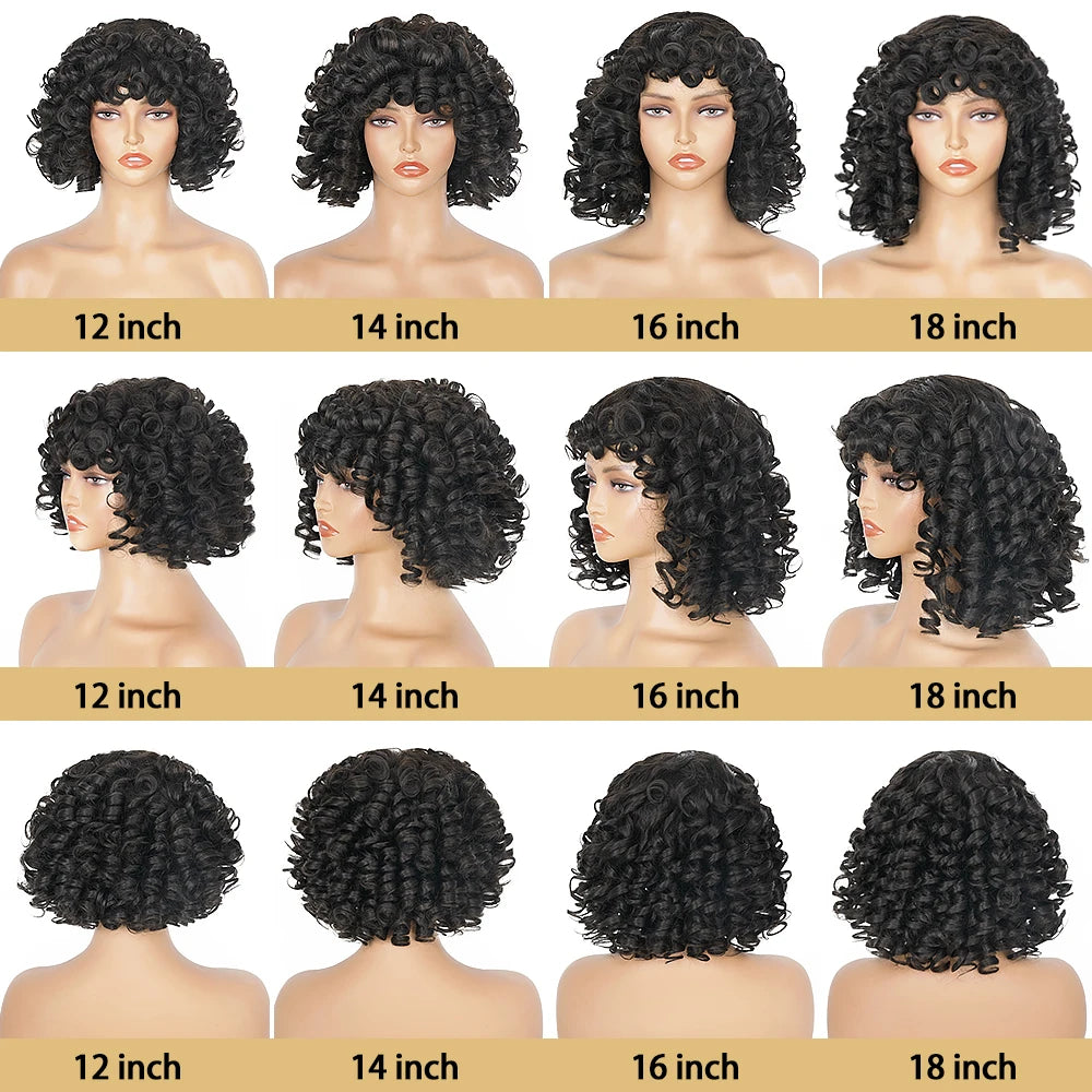 Short Curly Bob Wig with Bangs – 100% Brazilian Remy Human Hair, Glueless Machine-Made Afro Wig