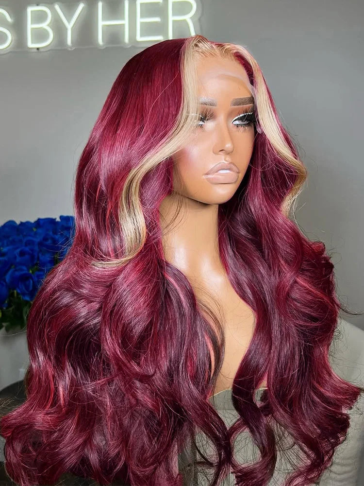 Burgundy 613 Colored Wig 200 Density 13x4 HD Lace Frontal Glueless Highlight Body Wave Human Hair Wigs