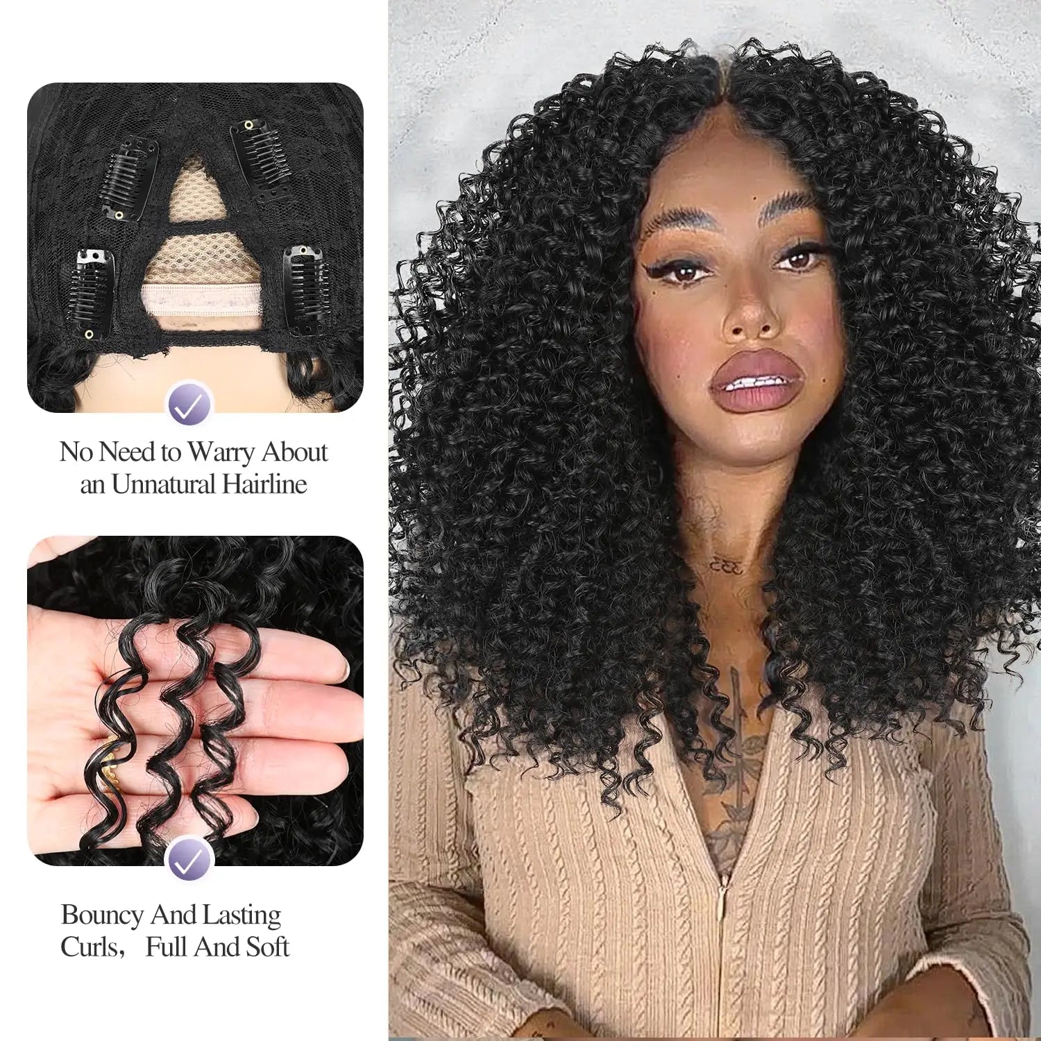 Afro Kinky Curly V Part Wig Human Hair 200% Afro Curly V Part Wig 10-24 Inch Full Machine Made  Remy Hair V Part Wig For Women