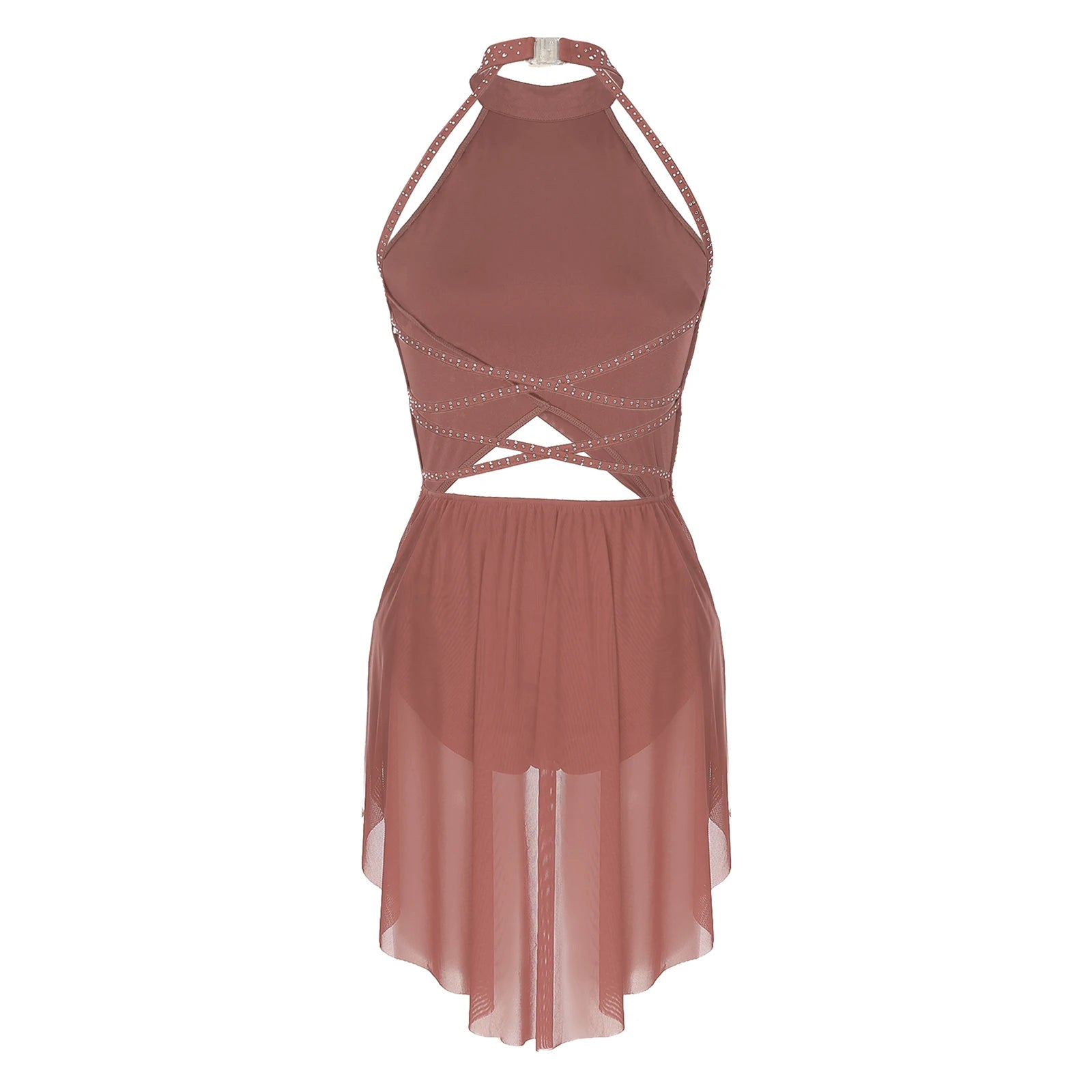 Womens Lyrical Dance Dress Performance Costume Cutout Strappy Backless Sheer Mesh Overlay Glittery Rhinestone Leotard Dress