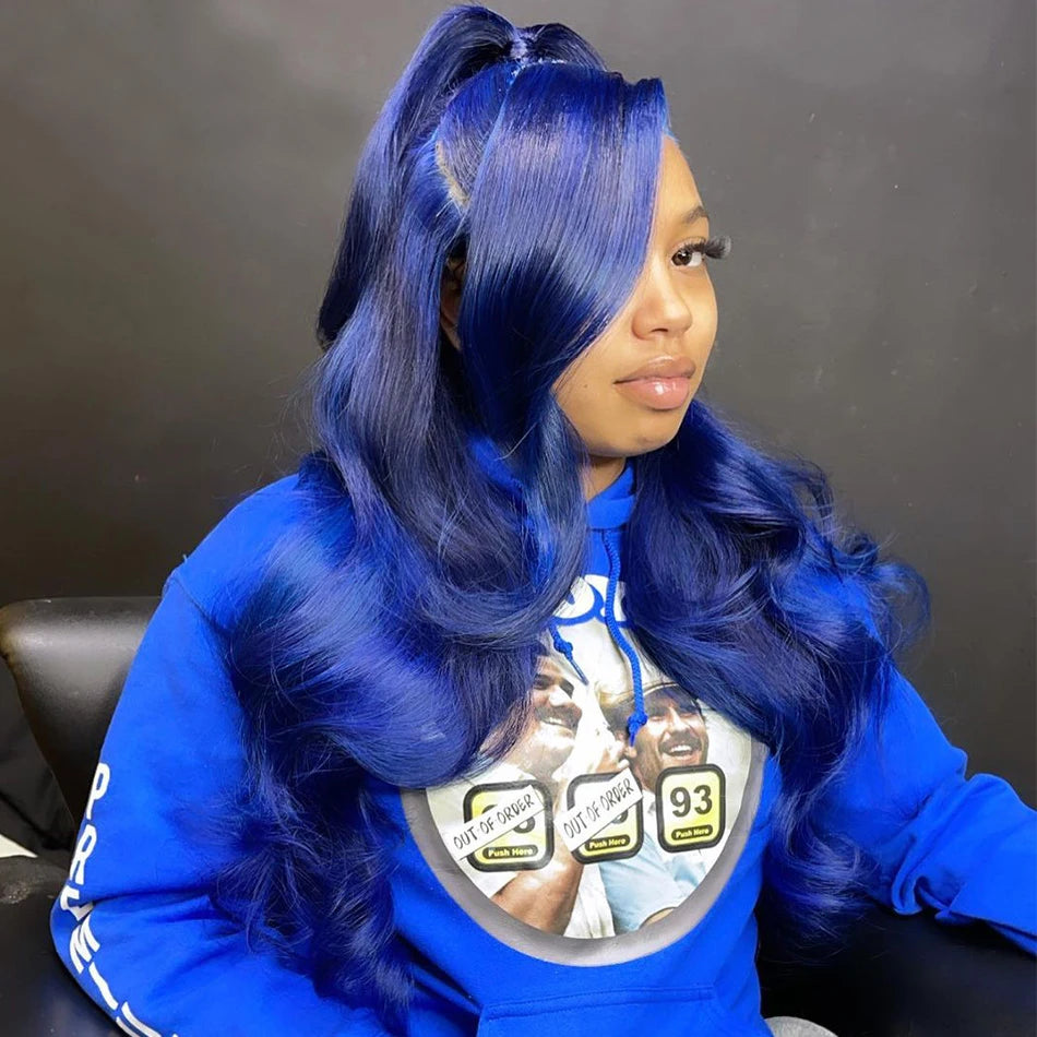 Navy Blue 13x4 Lace Front Body Wave Human Hair Wigs Brazilian Blue Colored HD Transparent Lace Front Wigs For Women Pre Plucked