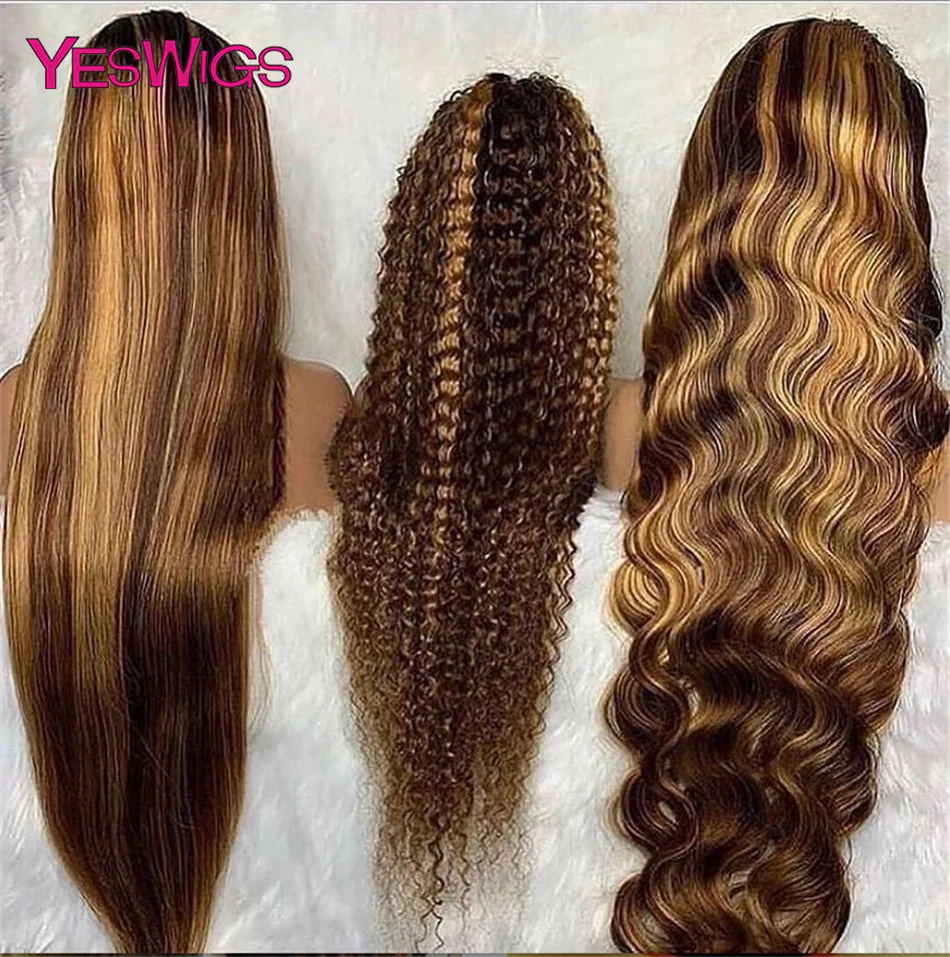 HD 13x6 Brown Lace Front Wig Honey Blonde Colored Curly Human Hair Wigs Highlight Wig Human Hair 13X4 Deep Wave Lace Frontal Wig