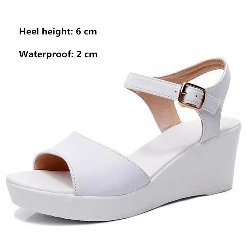 BEYARNENew Black White Fish Mouth Genuine Leather Sandals Wedges Platform High Heeled Sandals6 / 8 / 11Cm Big Size Women Sandals