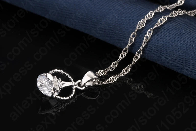 Female Shinny CZ Necklace/Earrings Set 925 Sterling Silver Tower Pendant Jewely Sets Party Gifts