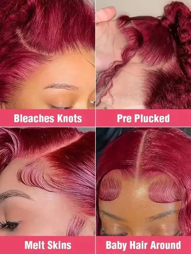 99J Burgundy 13x4 HDLace Front Human Hair Wigs For Women 200 Density Brazilian Body Wave Red Hair Lace Wigs Remy