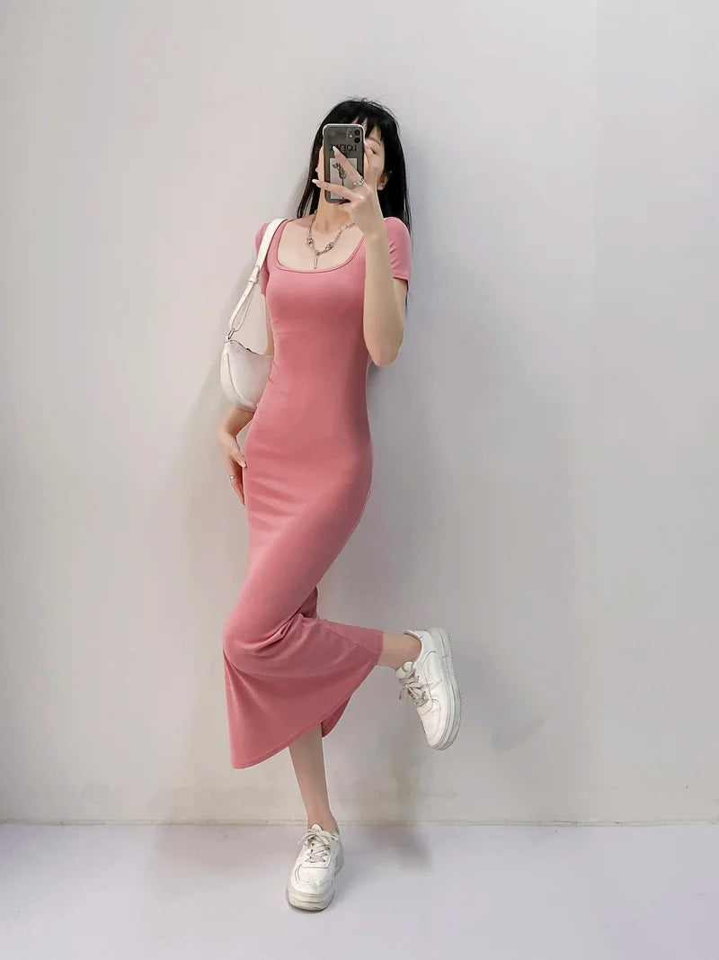Long Dresses Women Solid Simple Elegant Partywear Gentle Trumpet Vestidos Slim French Vintage Night Club Temper Womens Daily