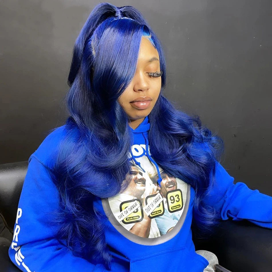 Navy Blue 13x4 Lace Front Body Wave Human Hair Wigs Brazilian Blue Colored HD Transparent Lace Front Wigs For Women Pre Plucked