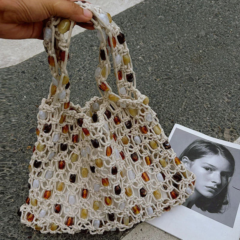 Handmade Shell Embroidery Woven Tote Bag – Luxury Straw Bucket Handbag with Wooden Handle