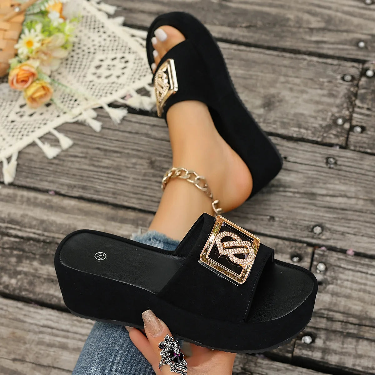 Women Luxury Decor Sandals Summer Black Outdoor Fashion Wedges Women's Slippers Office Party Elegant Sexy Platform High Heels