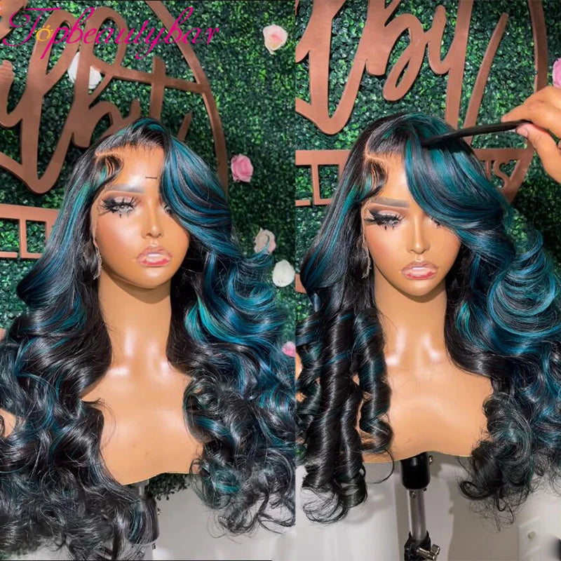 Highlight Blue Human Hair Wigs Transparent 13X4 Lace Front Wigs 180% Remy Brazilian Wavy Full Lace Wigs Preplucked