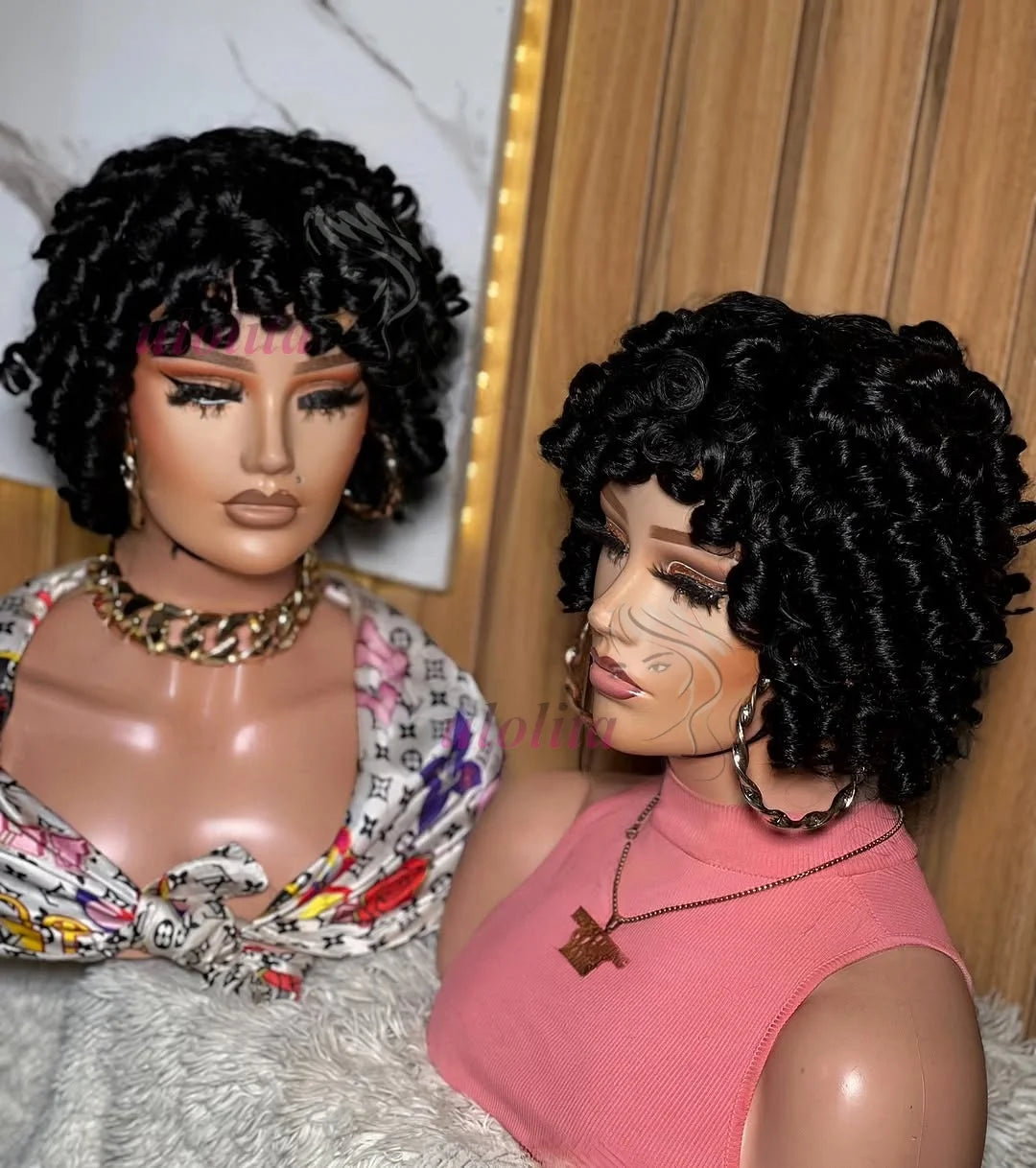 Bouncy Curly Human Hair Wig with Bangs – Pixie Cut Bob, Loose Wave 100% Remy Machine-Made Wig (200% Density)