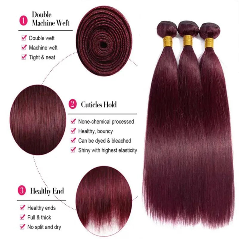 Straight Human Hair Bundles 8-26 Inch 100g/Bundle Double Weft Weave Extensions Brazilian Color 99j 3 Bundles Human Hair