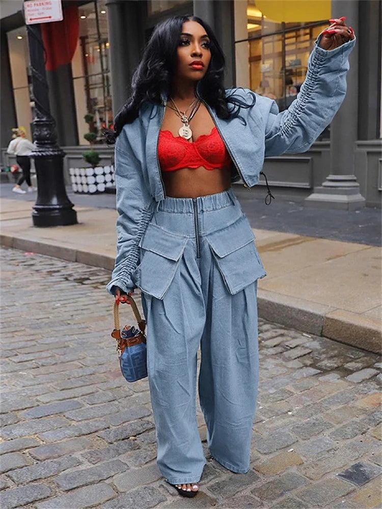 Jeans Women High Waist Denim Bottom Boy Friend Straight Cargo Pockets Zip Pants Korean Streetwear