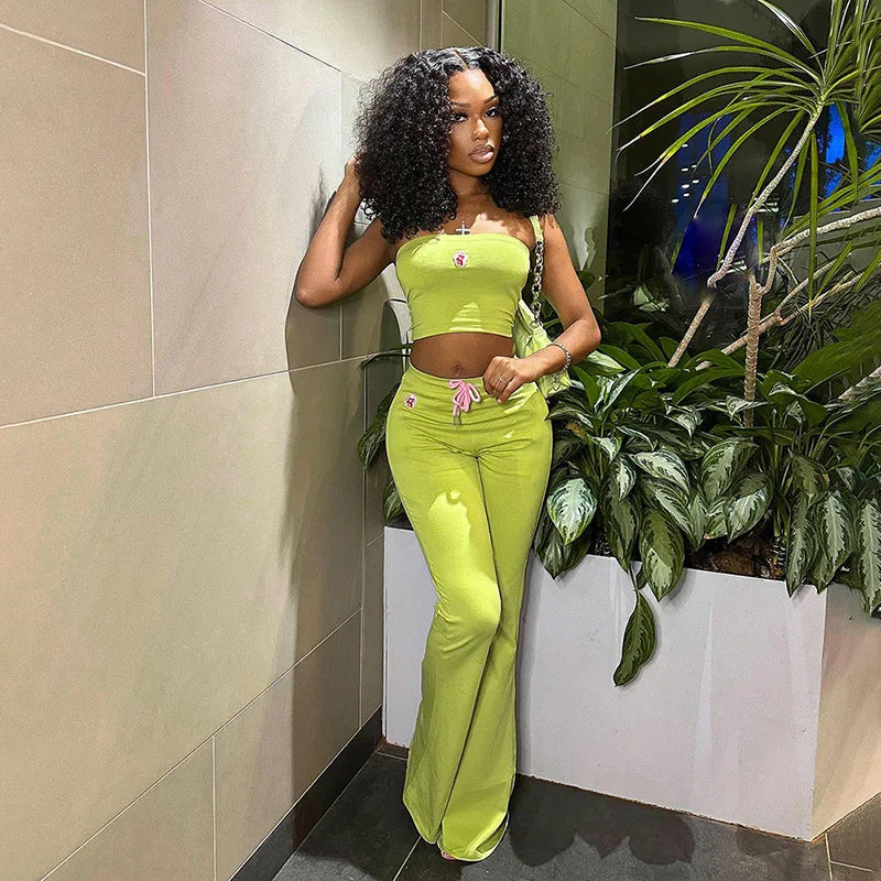 Simenual Y2K Green Floral Two-Piece Set – Strapless Tube Top & Flare Pants Co-ord Outfit