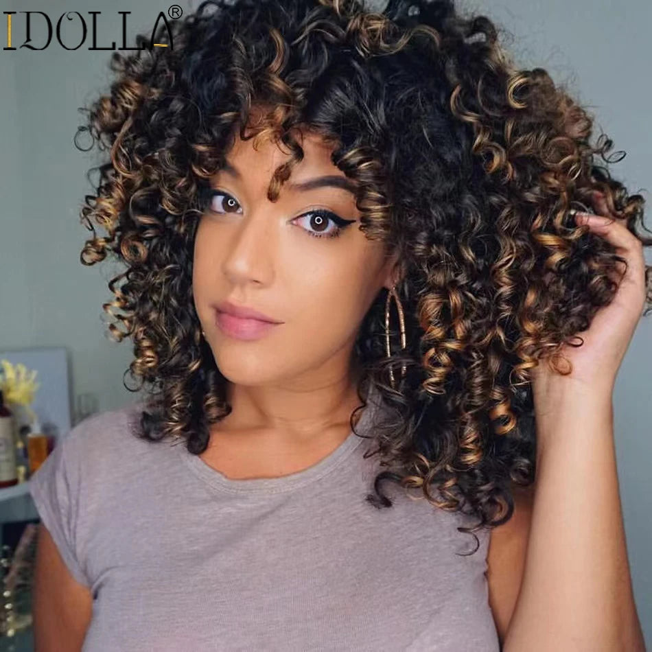 Kinky Curly Wig with Bangs – Short Afro Synthetic Blonde Wig, Glueless High-Temperature Fiber for Daily & Cosplay