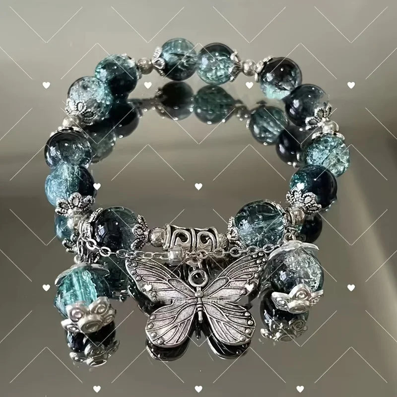 New Trendy Red Crystal Beaded Maple Leaf Bracelet for Women Fashion Butterfly Feather Pendant Bracelet Friendship Jewelry