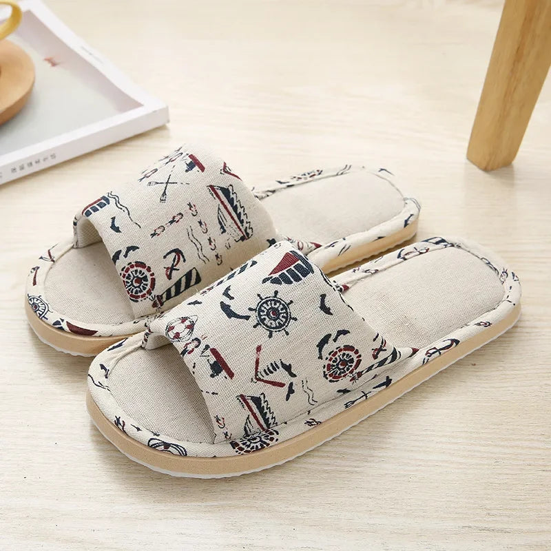 Four Season Linen Home Slippers – Women’s Indoor Non-Slip Floral Slides with Cartoon Cat Design