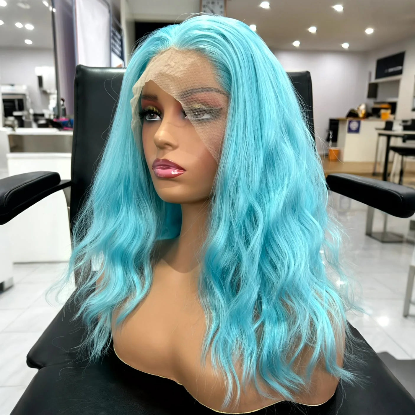 Short Curly Wavy Bob Wig – Sky Blue Synthetic Lace Front Wig, Shoulder-Length Loose Wave for Women