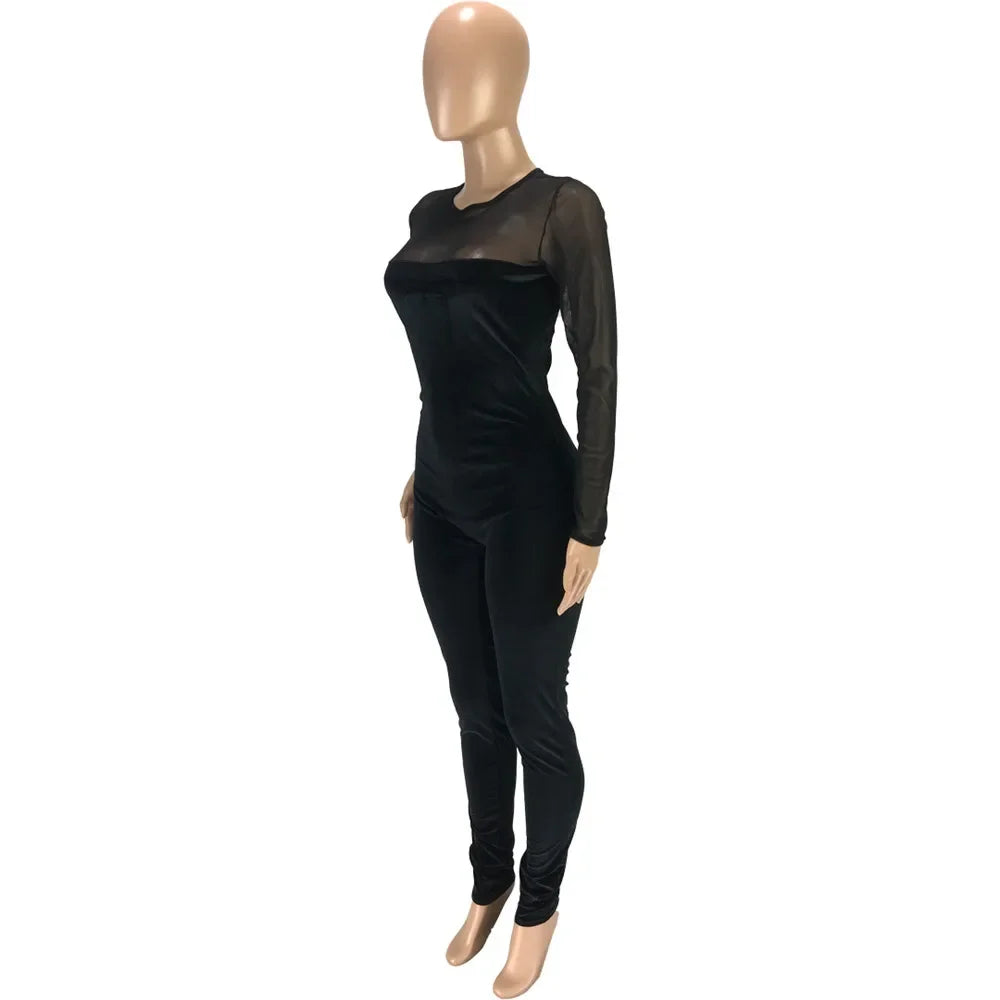 Sexy Sheer Mesh Patchwork Velvet Jumpsuit Women Long Sleeve Skinny Rompers Womens Jumpsuit Elegant Slim Bodycon Party Overalls