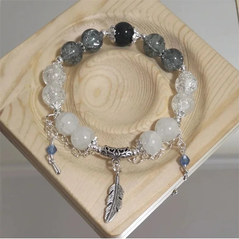 New Trendy Red Crystal Beaded Maple Leaf Bracelet for Women Fashion Butterfly Feather Pendant Bracelet Friendship Jewelry