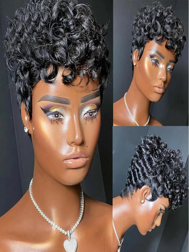 hort Pixie Wigs for Black Women Short Black Curly Pixie Wigs Synthetic Hair Wigs for Black Women Natural Wavy Black Pixie Cut