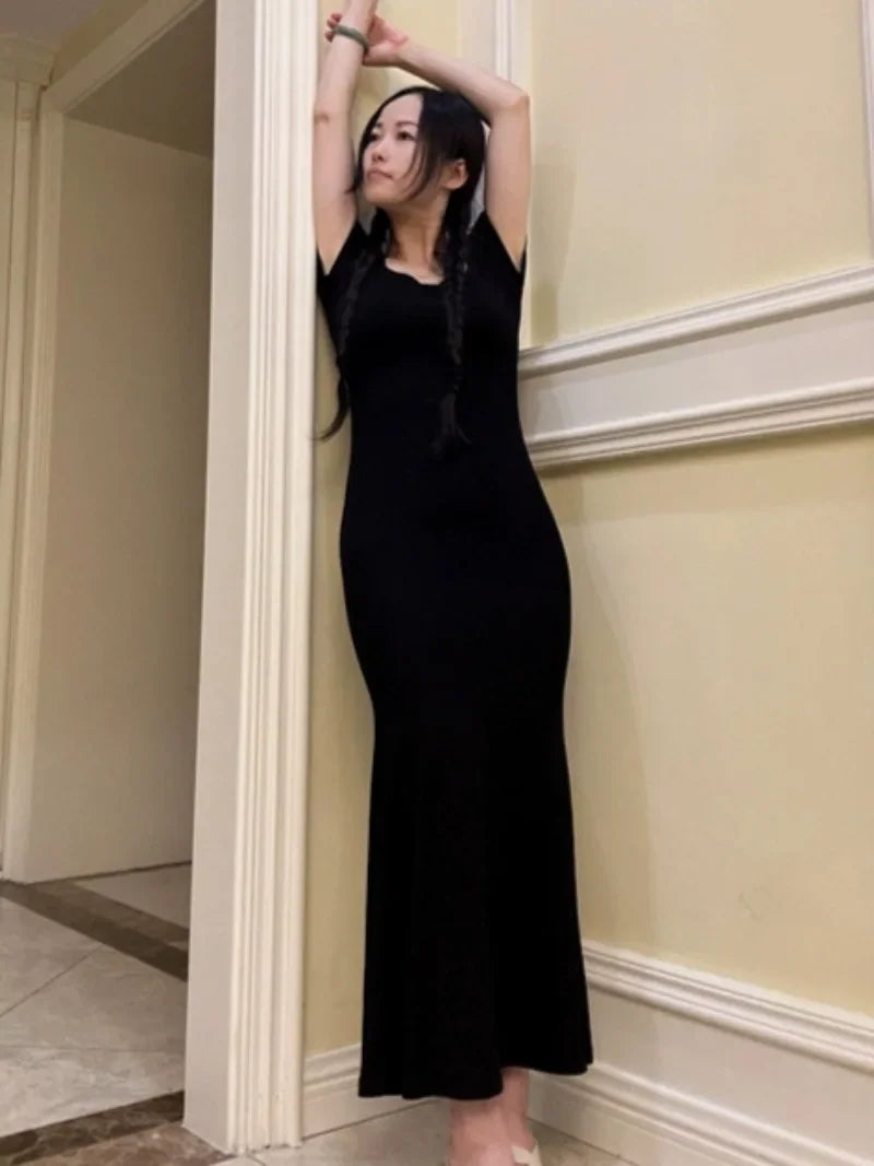 Long Dresses Women Solid Simple Elegant Partywear Gentle Trumpet Vestidos Slim French Vintage Night Club Temper Womens Daily