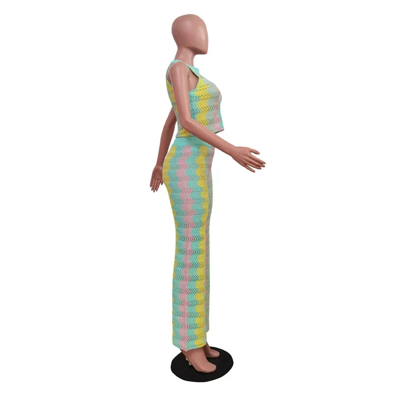 Women’s Knitted Striped 2-Piece Set – Sleeveless Crop Top & Flare Pants Summer Outfit