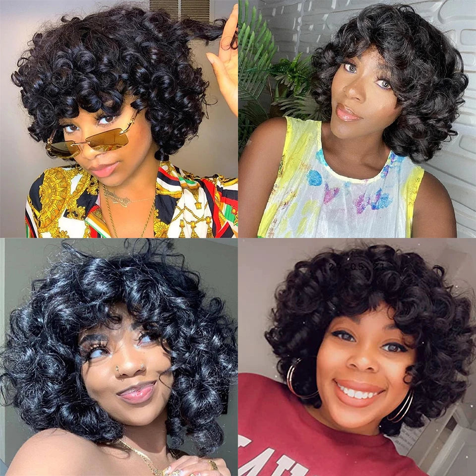Short Curly Bob Wig with Bangs – 100% Brazilian Remy Human Hair, Glueless Machine-Made Afro Wig